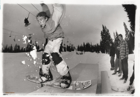 Cardiel as an unknown ripping a table slide as Jason Lee and Wade Speyer look on. Circa 1990.