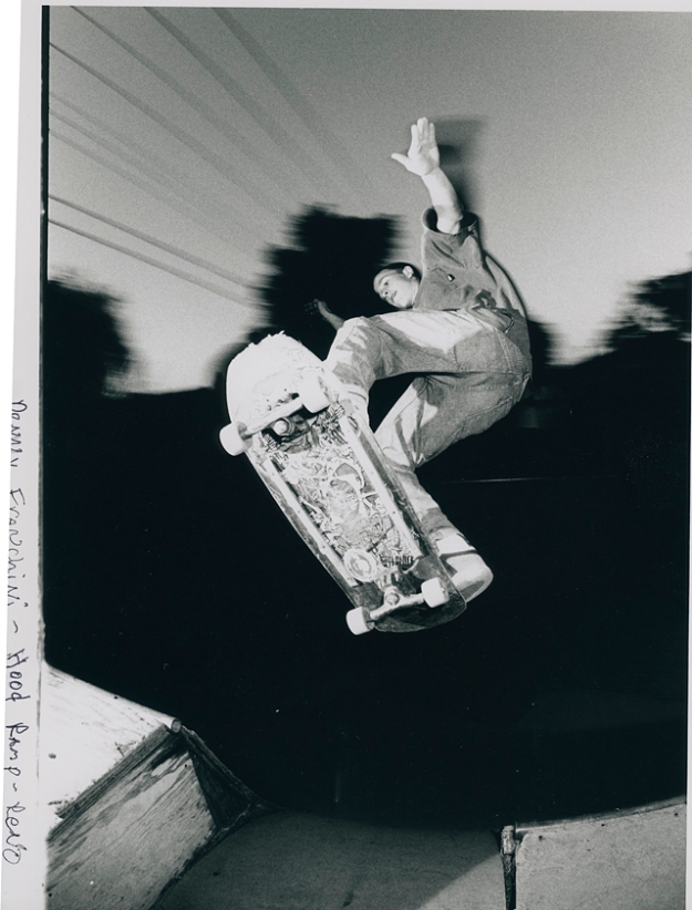 Denny Franchini 100 mph ollie over channel to fakie board slap. At Skinny's Ramp. Circa 1990.