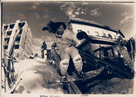 Edgar "Pineapple" Rivera early fashion jib Donner Ski Ranch. Circa 1987.